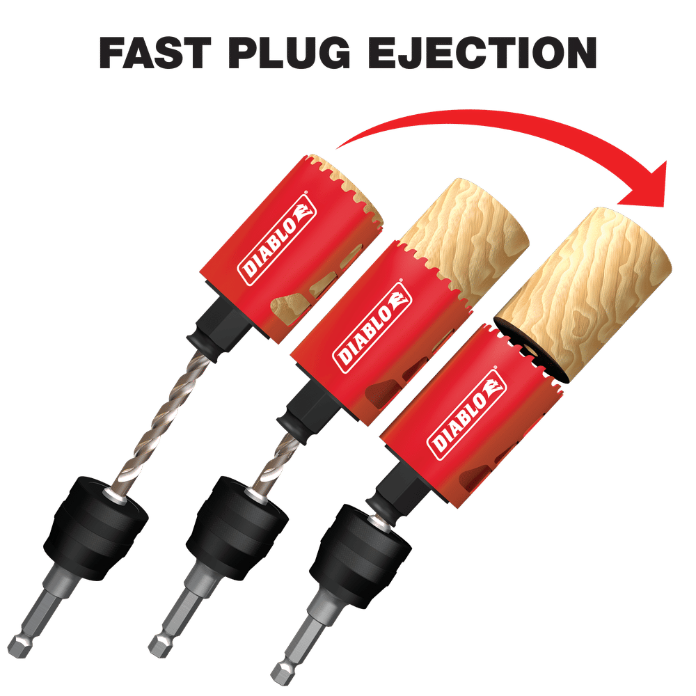 Diagram of three stages of the Diablo DHS1250CT 1-1/4 in. Carbide Teeth Hole Saw for wood and metal, featuring a wood core ejecting mechanism. With carbide teeth, it boosts productivity and cutting life by ejecting plugs left to right, guided by a red arrow. Text: FAST PLUG EJECTION.