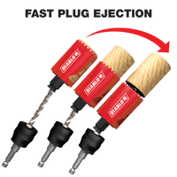 Diagram of three stages of the Diablo DHS1250CT 1-1/4 in. Carbide Teeth Hole Saw for wood and metal, featuring a wood core ejecting mechanism. With carbide teeth, it boosts productivity and cutting life by ejecting plugs left to right, guided by a red arrow. Text: FAST PLUG EJECTION.