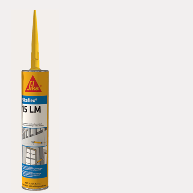 The SIKA Sikaflex 15LM elastomeric sealant by Sika comes in a yellow 10.1 oz cartridge with a long nozzle and blue label, featuring construction application images—ideal for diverse sealing tasks.