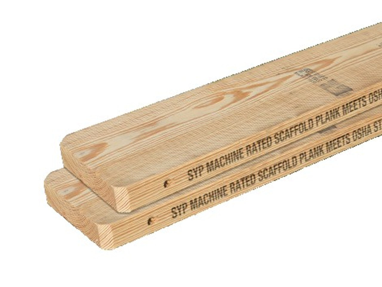 Two 2 in. x 9 in. x 10 ft. OSHA Plank from Go Build stacked, ensuring safety and stability with OSHA compliance text; the light natural finish highlights the woods grain beautifully.