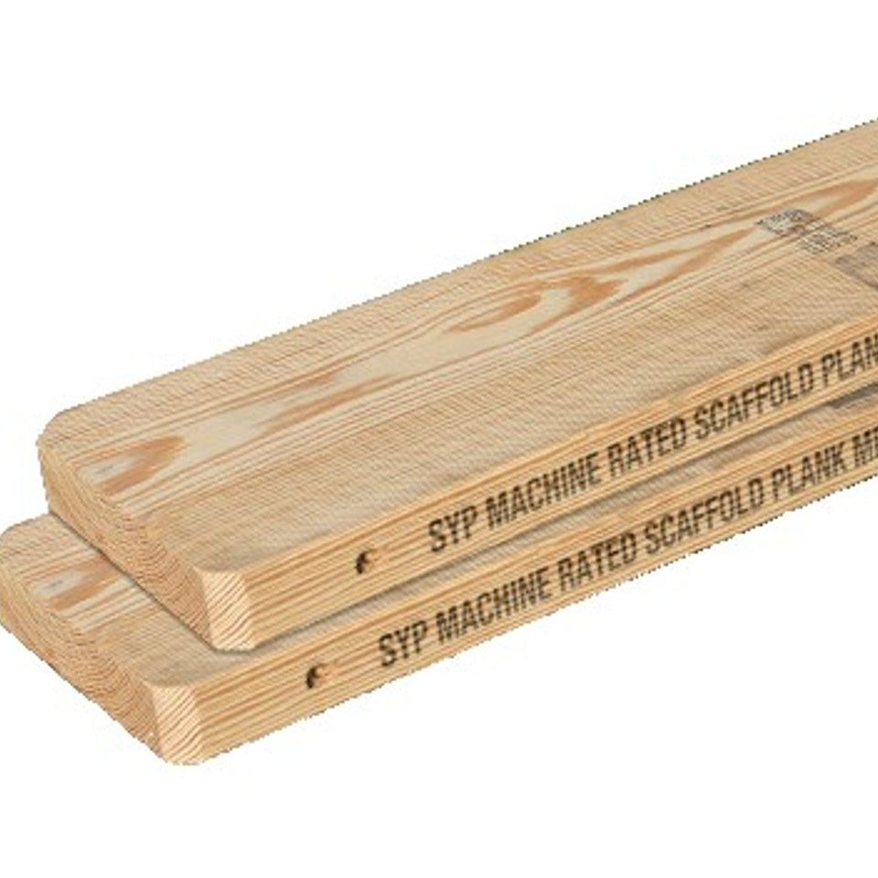 Two 2 in. x 9 in. x 10 ft. OSHA Plank from Go Build stacked, ensuring safety and stability with OSHA compliance text; the light natural finish highlights the woods grain beautifully.