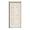 A beige Go Build 30x80 in. 6-panel steel prehung front door with a silver handle on a white background offers a classic design with rectangular panels, ideal for interior or exterior use.