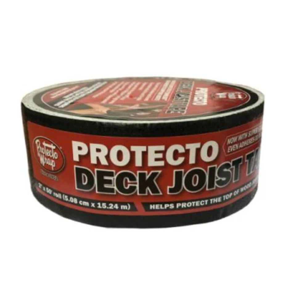 A roll of Protecto Wrap Deck Joist Flashing Tape, featuring a black outer layer and red label, measures 1-5/8 inches by 50 feet. It offers Super Stick Technology and claims to protect wood joist tops from moisture.