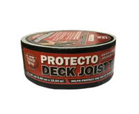 A roll of Protecto Wrap Deck Joist Flashing Tape, featuring a black outer layer and red label, measures 1-5/8 inches by 50 feet. It offers Super Stick Technology and claims to protect wood joist tops from moisture.