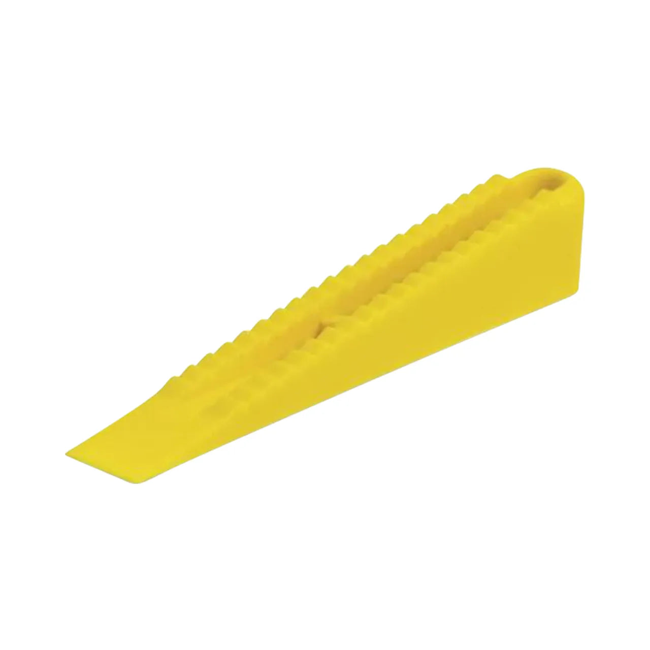 The QEP LASH Yellow Wedges, made from durable polymer, feature a ridged top and tapered design to prevent sliding on various tiles as part B of the two-part tile leveling system.