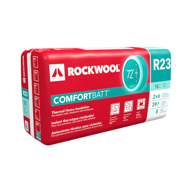 The ROCKWOOL ComfortBatt 5-1/2 in. x 15.25 in. x 47 in. R-23 Stone Wool Insulation by Rockwool is perfect for external walls, basements, and crawl spaces, featuring a red and green package with multilingual info and a 72° comfort icon for optimal thermal performance.