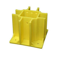 The Yellow Safety Maker Safety Boot Guardrail by Go Build, The Fastest Way To Build, is a yellow plastic corner protector with a square base and vertical grooves. It features holes for mounting and is ideal for construction sites, offering essential corner protection and durability in busy environments.