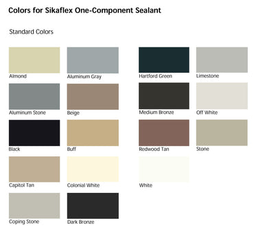 The Colors for Sikaflex One-Component Sealant swatch chart features 18 standard colors like Almond, Aluminum Gray, and Hartford Green. These are perfect for construction applications and complement the Sika Sikaflex 15LM Elastomeric Sealant 10.1 oz in versatile projects.