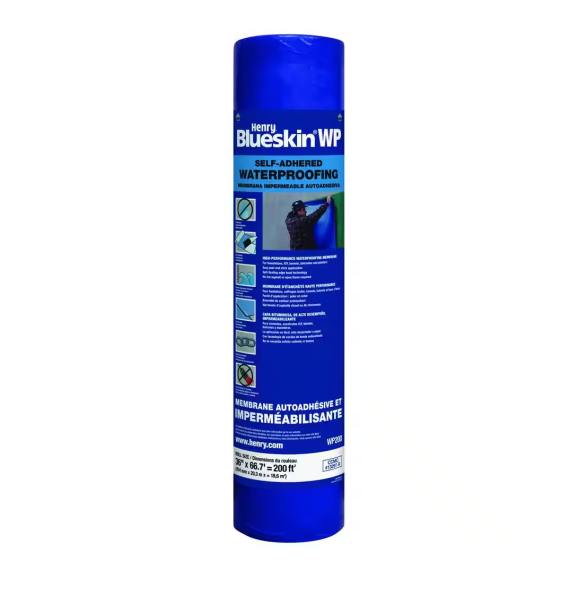 A roll of Henry Blueskin WP200 Self-Adhered Waterproofing Membrane (66.7 ft. x 36 in.) in blue features product details and graphics for application steps on the label, effectively serving as a waterproofing barrier.