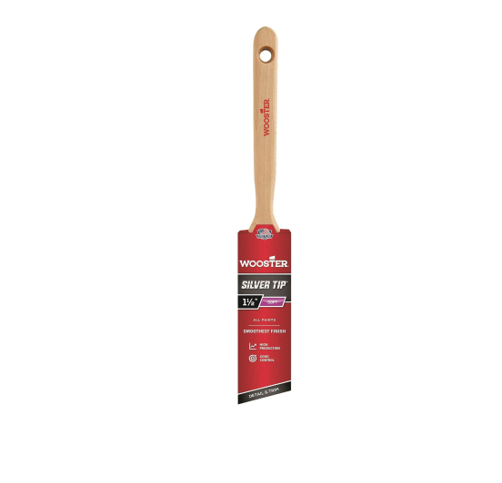 Introducing the WOOSTER Silver Tip Paint Brush with a precision wooden handle that ensures smooth coverage. This 1 1/2-inch-wide brush, labeled under the renowned WOOSTER brand, features a flat head and an eye-catching red and black design, making it perfect for achieving a flawless finish on every project.