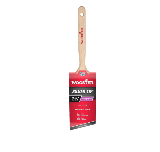 The WOOSTER Silver Tip Paint Brush features a wooden handle and striking red packaging, offering a 2.5-inch width that is perfect for precision painting. The packaging highlights its ability to provide smooth coverage, making it suitable for all types of paint and guaranteeing a flawless finish.