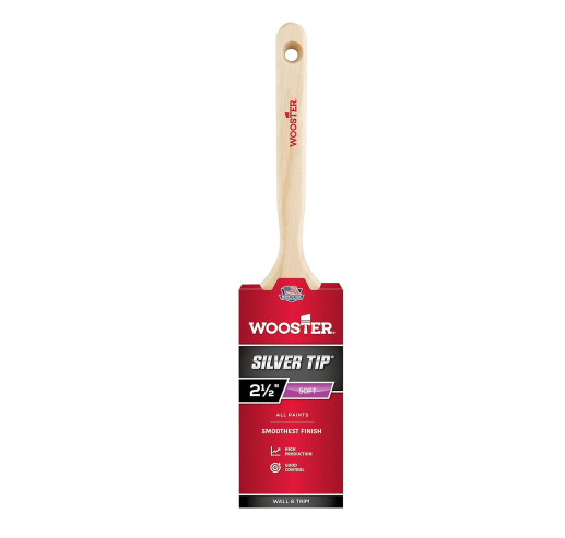 The WOOSTER Silver Tip Paint Brush features a wooden handle and is packaged in red. With a width of 2.5 inches, it's ideal for precision painting with all types of paints. The soft bristles provide smooth coverage, and the handle includes a convenient hole for hanging.