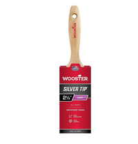 The WOOSTER Silver Tip Paint Brush, with a wooden handle and distinctive red packaging, is ideal for precision painting tasks. Measuring 2 1/2 inches, it provides exceptional coverage for all types of paint and guarantees the smoothest finish with high production quality.