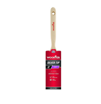 The WOOSTER Silver Tip Paint Brush, featuring a red wooden handle and a 2-inch brush width, is ideal for precision painting. The packaging emphasizes its ability to provide smooth coverage for the finest finish and compatibility with all types of paint. The handle is adorned with the WOOSTER logo in red.