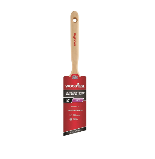 The WOOSTER Silver Tip Paint Brush is designed with a 2-inch width to provide smooth coverage, making it perfect for precision painting. It features a wooden handle and comes in red packaging labeled as Wooster Silver Tip, showcasing the brand logo and a paintbrush icon prominently.