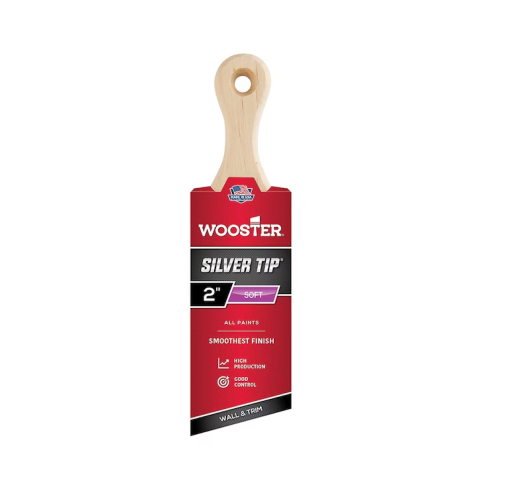 The WOOSTER Silver Tip Paint Brush, featuring a two-inch wooden handle and red packaging, is designed for precision painting with all types of paint. Its soft bristles provide smooth coverage, offering excellent production and control for walls and trim.