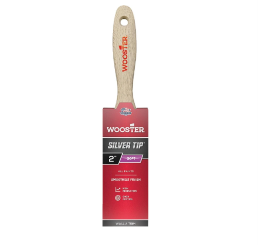 The WOOSTER Silver Tip Paint Brush is equipped with a wooden handle and comes in red packaging. With its 2-inch width, this brush is perfect for precision painting, offering smooth coverage and minimal drag. It is ideally suited for use with all types of paints and designed to provide precise control on walls and trim.