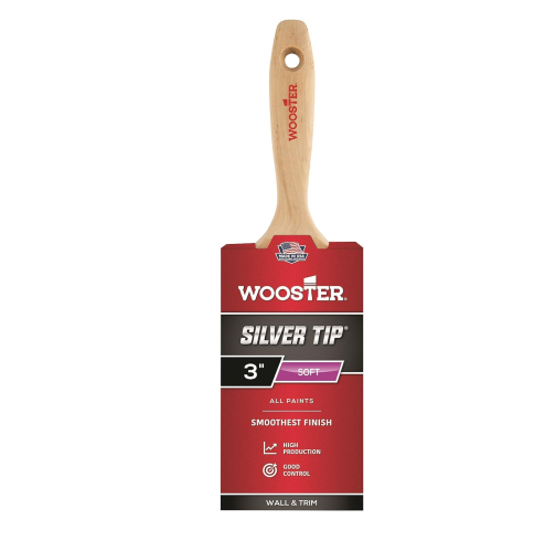 The WOOSTER Silver Tip Paint Brush, featuring a wooden handle and red packaging, is 3 inches wide and ideal for precision painting. It's engineered for smooth coverage with all types of paint, with the packaging emphasizing high production efficiency and excellent control, making it perfect for walls and trim.