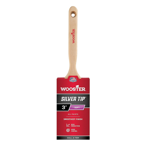 The WOOSTER Silver Tip Paint Brush, with a 3-inch width and a wooden handle, comes in red packaging. Engineered for precision painting, it guarantees smooth coverage and is ideal for use with all types of paint.