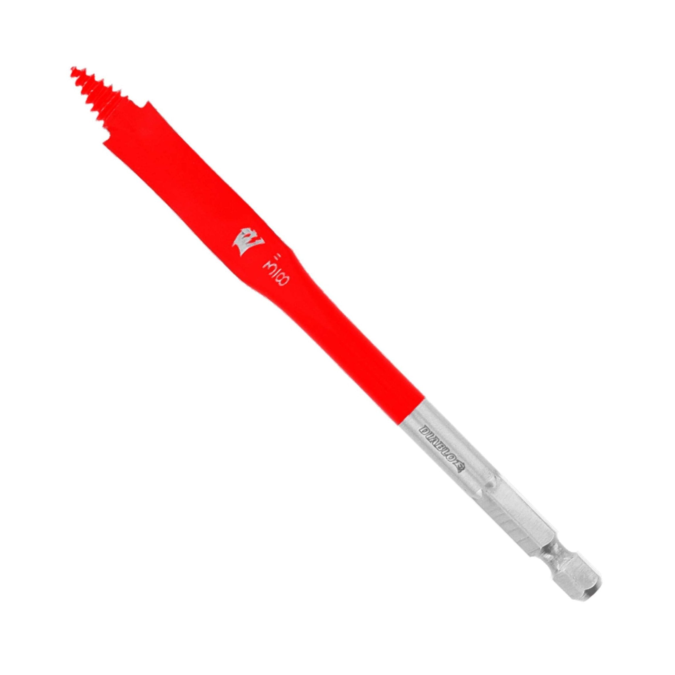 The DIABLO DSP1010 features a red and silver spade bit design with a pointed tip, SPEED-TIP™ technology, and branded body. Its hexagonal shaft is Impact Strong™, ideal for use with drills.