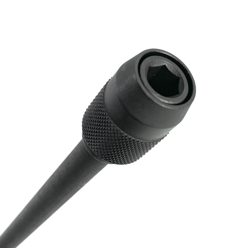 A close-up of the DIABLO DHS375XT18 18 in. x 3/8 in. Universal Extension by Diablo, featuring a knurled grip and Quick-Change Feature, with a hexagonal opening against a white background.