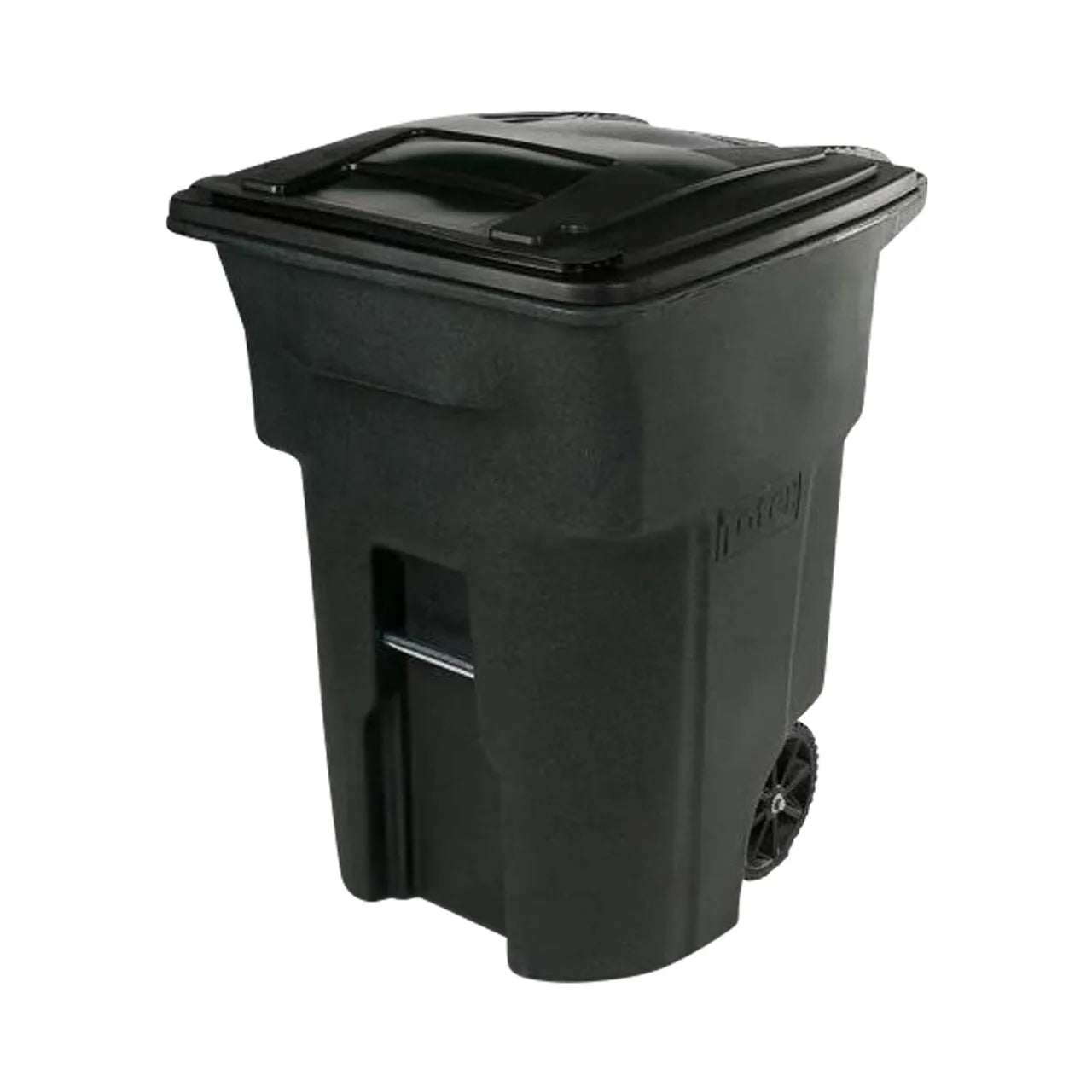 The Go Build 96 Gallon Black Rolling Outdoor Garbage Can, made with Advanced Rotational Molding, features Rugged Rim technology. Complete with rear wheels and a handle for easy transport, its perfect for outdoor use.