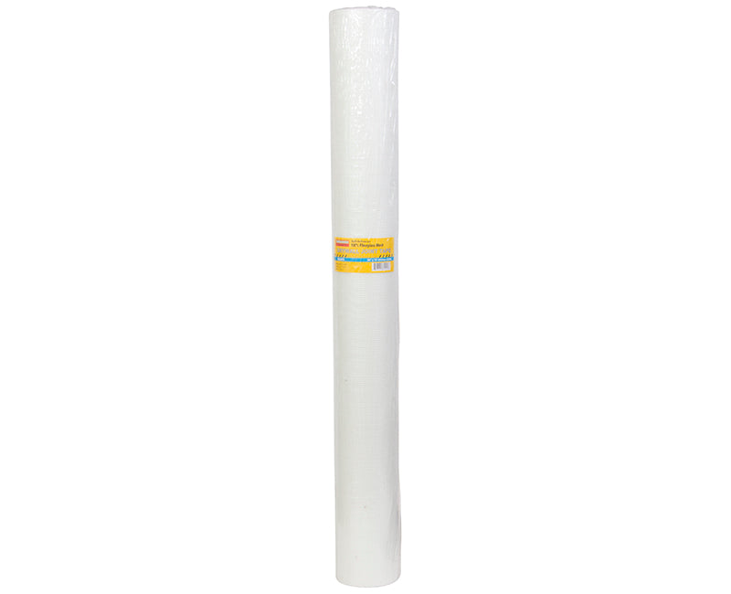 A tall roll of TUFF STUFFs durable fiberglass material stands vertically against a white backdrop, showcasing its label. The TUFF STUFF FG3675 36 in. x 75 ft. Self-Adhesive Fiberglass Drywall Joint Tape is perfect for reliable, seamless drywall joint repairs.