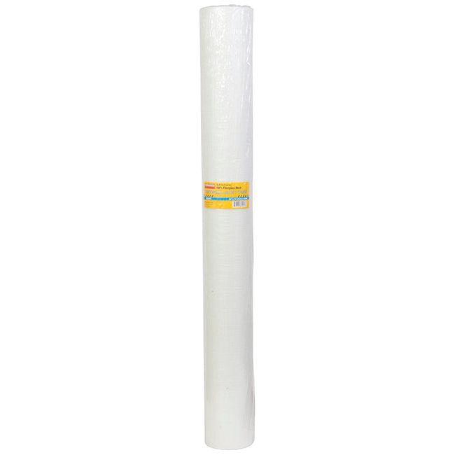 A tall roll of TUFF STUFFs durable fiberglass material stands vertically against a white backdrop, showcasing its label. The TUFF STUFF FG3675 36 in. x 75 ft. Self-Adhesive Fiberglass Drywall Joint Tape is perfect for reliable, seamless drywall joint repairs.