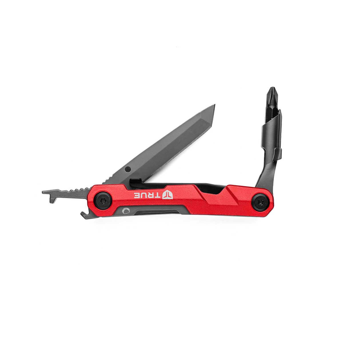 The TRUE TRU-MTL-1007 Titanium Block 5-in-1 Multitool, with a patent-pending design, features various attachments like a knife blade, flathead screwdriver, and partially extended saw blade. Its sleek red handle is inscribed with TRUE, reflecting its innovative nature.