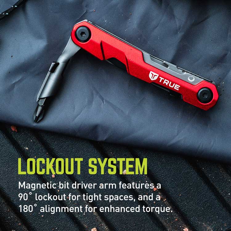 The TRUE TRU-MTL-1007 Titanium Block 5-in-1 Multitool, with a unique patent-pending design, includes a red magnetic bit driver tool that has foldable arms for versatility: 90° lockout for compact spaces and 180° alignment for better torque.