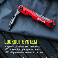 The TRUE TRU-MTL-1007 Titanium Block 5-in-1 Multitool, with a unique patent-pending design, includes a red magnetic bit driver tool that has foldable arms for versatility: 90° lockout for compact spaces and 180° alignment for better torque.