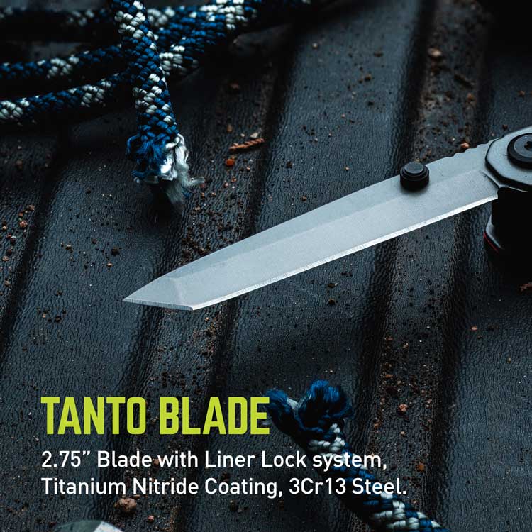 The TRUE TRU-MTL-1007 Titanium Block 5-in-1 Multitool features a 2.75 tanto blade with a liner lock and titanium nitride coating, displayed next to blue rope, emphasizing its innovative patent-pending design and impressive specifications.