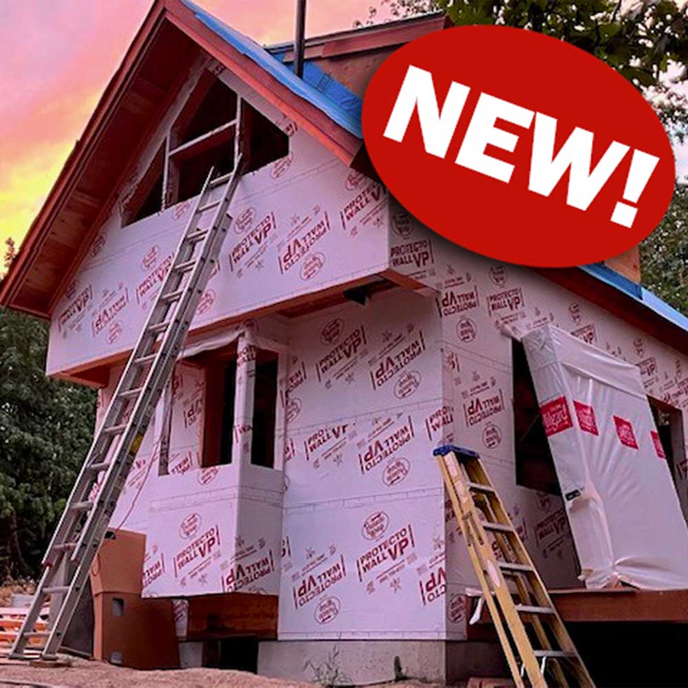 A house under construction features PROTECTO Wall VP Water Resistive Barrier by Protecto Wrap on its exterior walls, high-performance flashing tape, and multiple ladders. A bold red NEW! label appears at the top right, with trees and a vibrant sky complementing the scene.