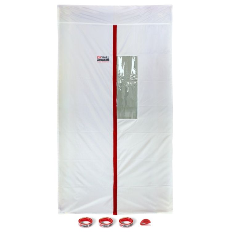 The ZIPWALL ZIP-ZDM ZipDoor Magnetic Door Kit by ZIPWALL features a dust control barrier door with a vertical red zipper and a top transparent window, complete with four rolls of tape for setup. It offers efficient dust management and convenient self-closing entry.